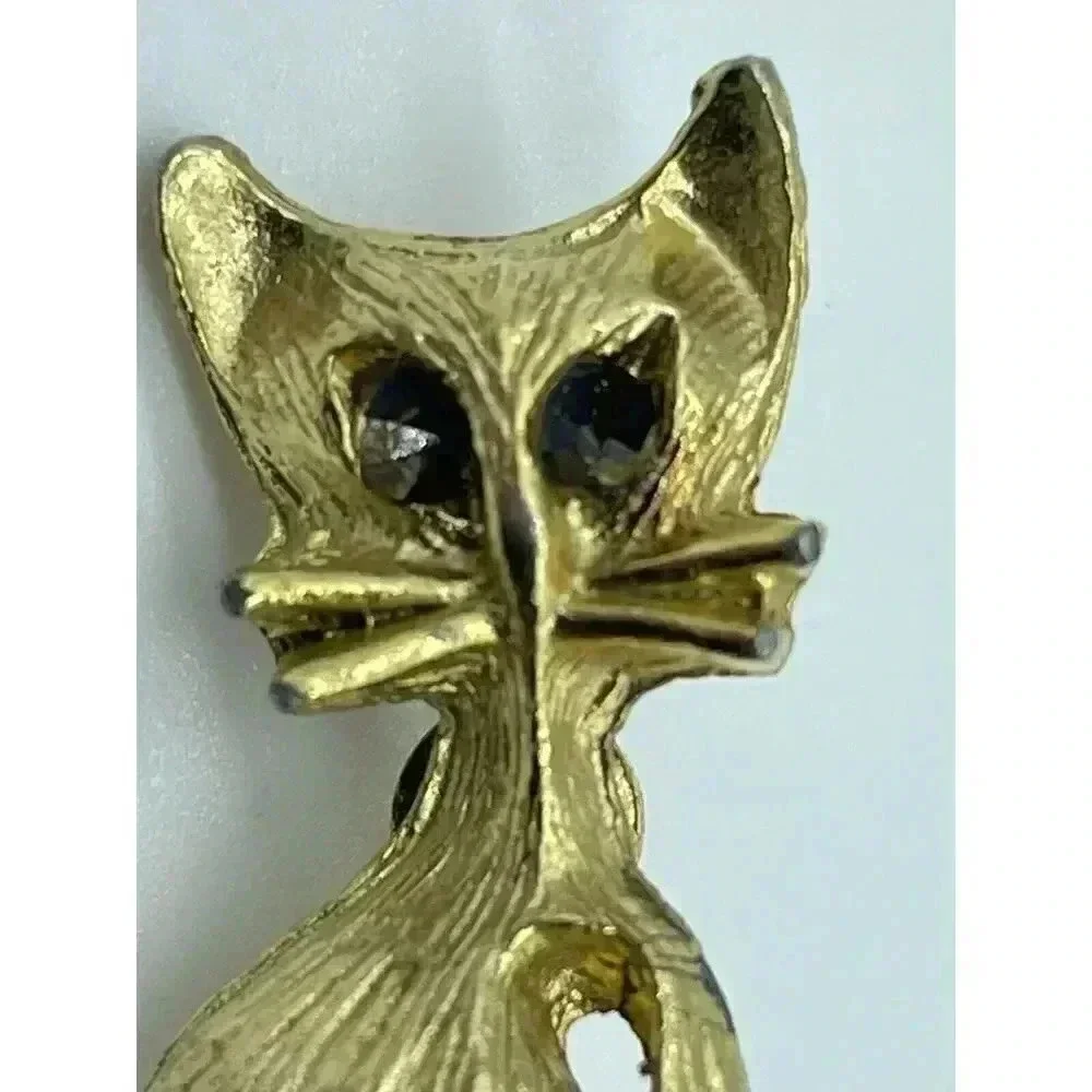 Vintage Green Rhinestone Gold Tone Kitty Cat Pin Brooch 2.25 Inch‎